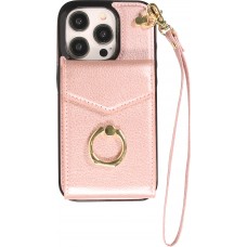 iPhone 15 Pro Max Case Hülle - DeLuxe elegantes Lederlook Cover mit Wallet + Tragering - Rosa