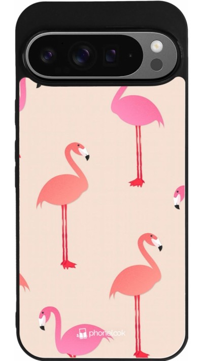 Google Pixel 9 Pro XL Case Hülle - Silikon schwarz Pink Flamingos Pattern