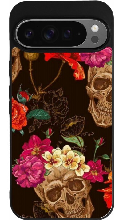 Google Pixel 9 Pro XL Case Hülle - Silikon schwarz Skulls and flowers