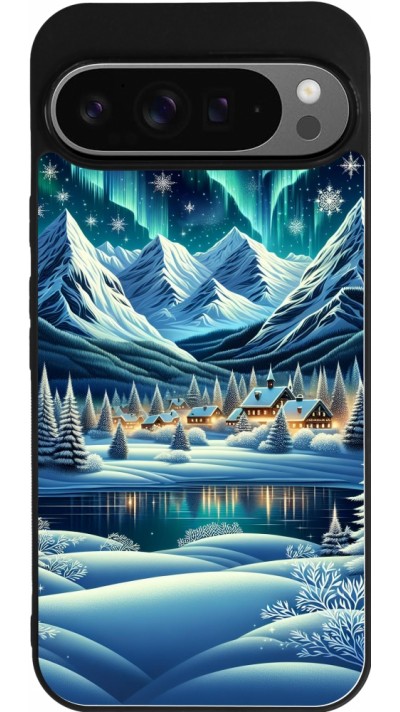 Google Pixel 9 Pro XL Case Hülle - Silikon schwarz Verschneites Bergdorf am See in der Nacht
