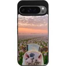 Coque Google Pixel 9 Pro XL - Silicone rigide noir Cow with tulips Spring 2026