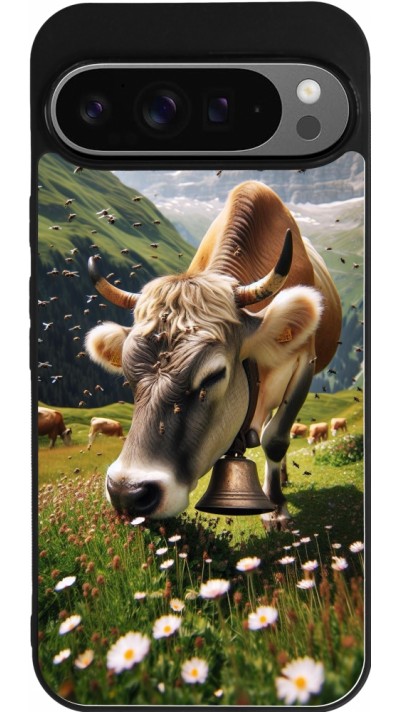 Coque Google Pixel 9 Pro XL - Silicone rigide noir Vache montagne Valais