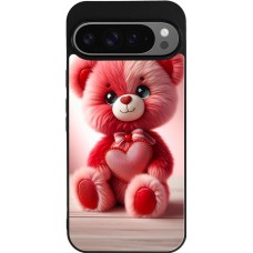 Coque Google Pixel 9 Pro XL - Silicone rigide noir Valentine 2024 Ourson rose