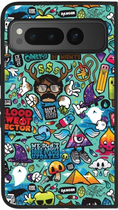 Coque Google Pixel Fold - Silicone rigide noir Mixed Cartoons Turquoise