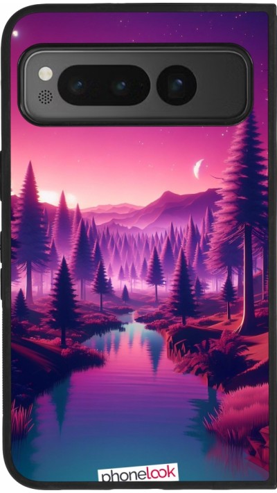 Coque Google Pixel Fold - Silicone rigide noir Paysage Violet-Rose
