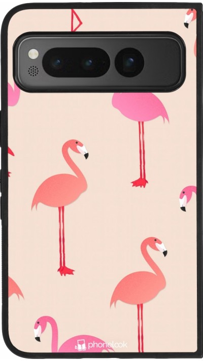 Coque Google Pixel Fold - Silicone rigide noir Pink Flamingos Pattern