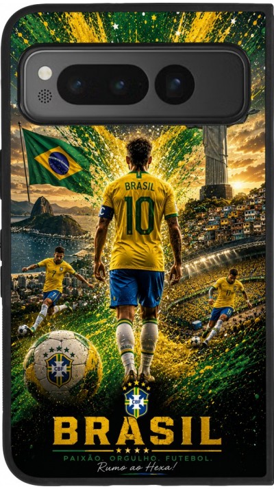 Coque Google Pixel Fold - Silicone rigide noir Football Brésil splash 2026
