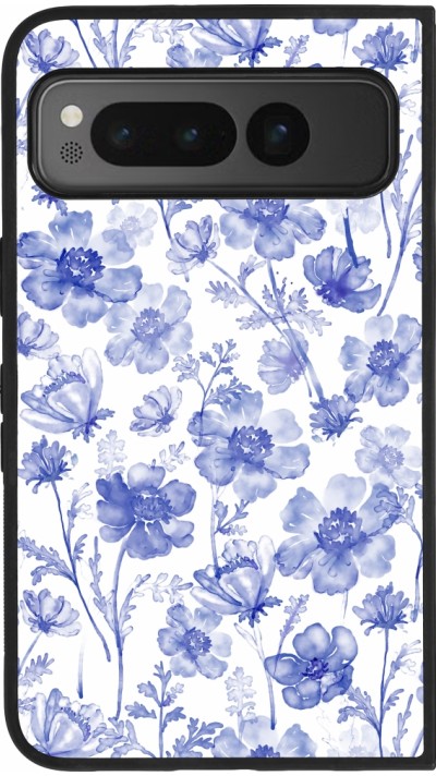 Coque Google Pixel Fold - Silicone rigide noir Spring 23 watercolor blue flowers