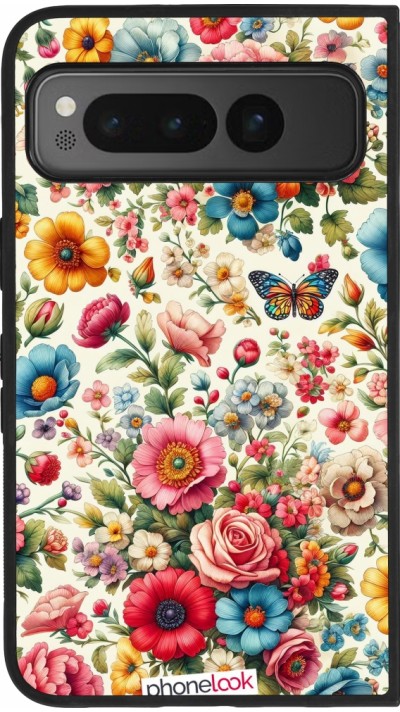 Coque Google Pixel Fold - Silicone rigide noir Spring 25 printemps fleuri