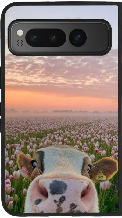 Google Pixel Fold Case Hülle - Silikon schwarz Cow with tulips Spring 2026