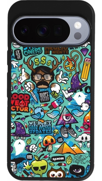 Coque Google Pixel 10 / Pixel 10 Pro - Silicone rigide noir Mixed Cartoons Turquoise