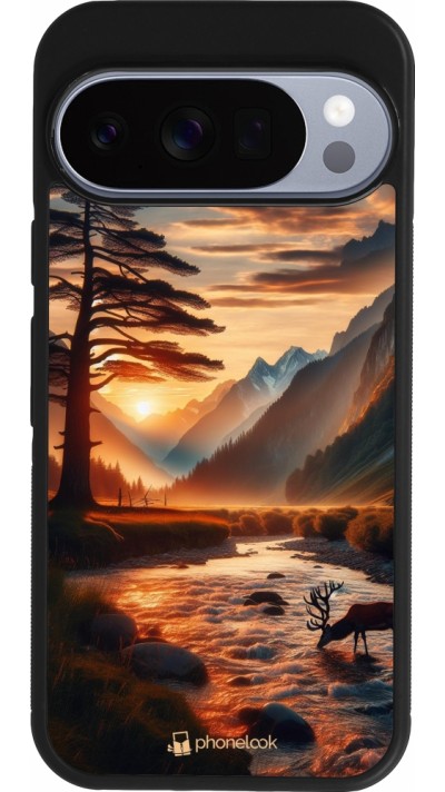 Coque Google Pixel 10 / Pixel 10 Pro - Silicone rigide noir Valley Sunset Deer Tree