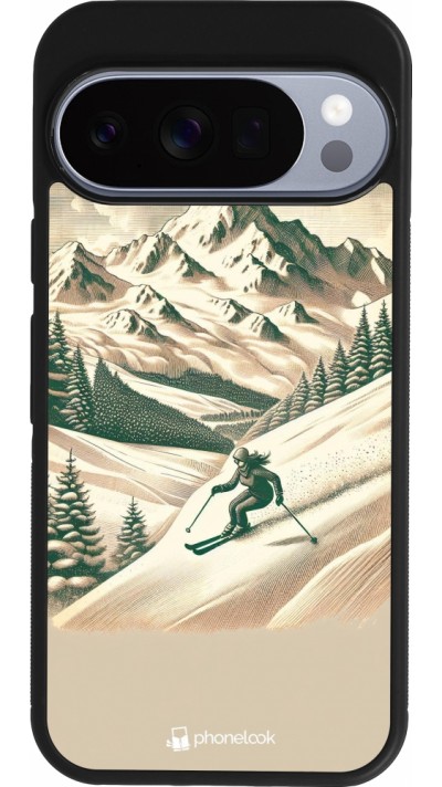 Coque Google Pixel 10 / Pixel 10 Pro - Silicone rigide noir Vintage Ski Mountain