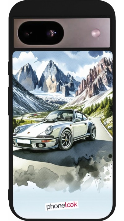 Coque Google Pixel 8a - Silicone rigide noir Porsche 911 Mountain Watercolor