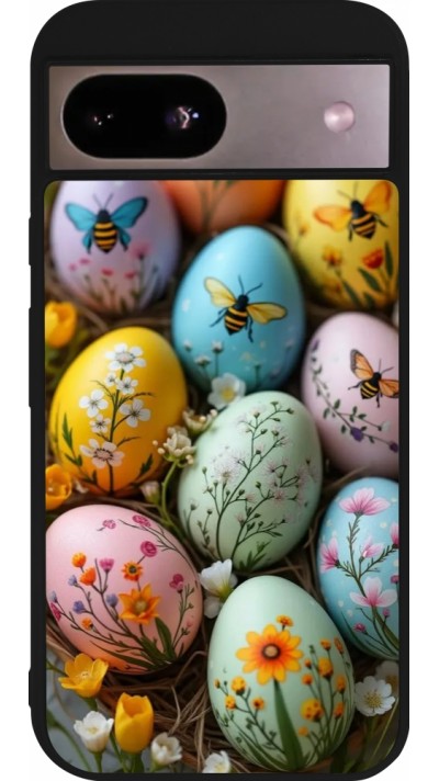 Coque Google Pixel 8a - Silicone rigide noir Easter 2026 Eggs with bees