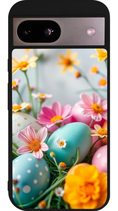 Coque Google Pixel 8a - Silicone rigide noir Easter 2026 Eggs with flowers
