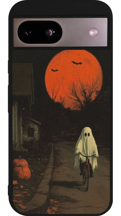 Coque Google Pixel 8a - Silicone rigide noir Halloween 2025 Ghost on a bicycle