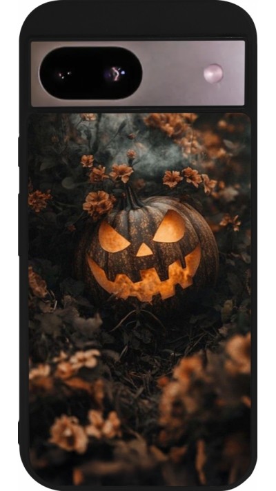 Coque Google Pixel 8a - Silicone rigide noir Halloween 2025 Pumpkin with flowers