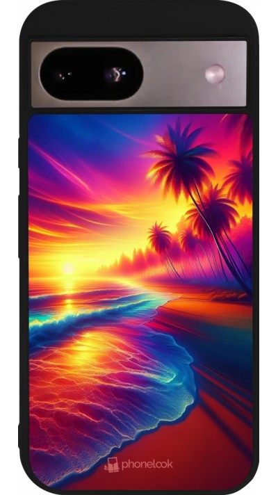 Coque Google Pixel 8a - Silicone rigide noir Plage coucher soleil flashy
