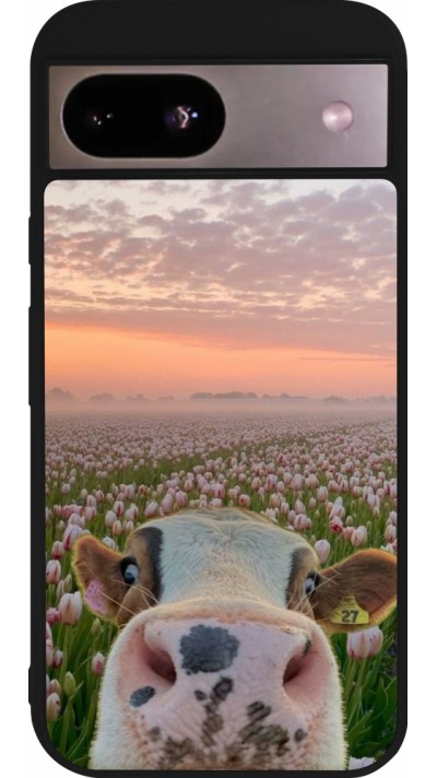 Coque Google Pixel 8a - Silicone rigide noir Cow with tulips 2026