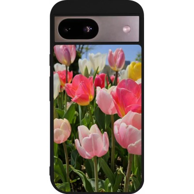 Coque Google Pixel 8a - Silicone rigide noir Tulips Spring 2026