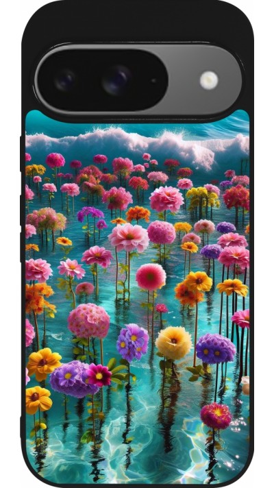 Google Pixel 9 / Pixel 9 Pro Case Hülle - Silikon schwarz Blumenmeer Wellen