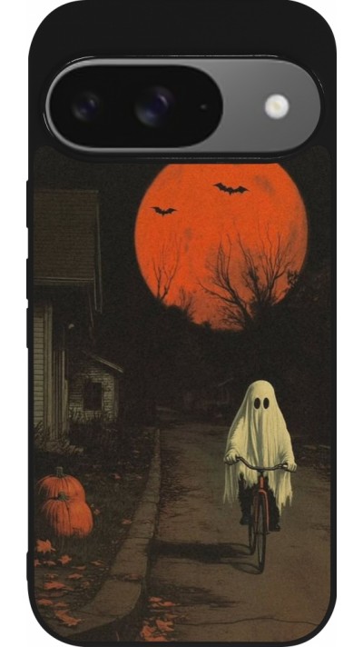 Coque Google Pixel 9 / Pixel 9 Pro - Silicone rigide noir Halloween 2025 Ghost on a bicycle Coque Google Pixel 9 / Pixel 9 Pro - Silicone rigide noir Halloween 2025 Ghost on a bicycle