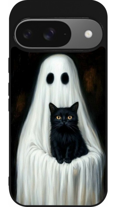 Coque Google Pixel 9 / Pixel 9 Pro - Silicone rigide noir Halloween 2025 Ghost with black cat Coque Google Pixel 9 / Pixel 9 Pro - Silicone rigide noir Halloween 2025 Ghost with black cat