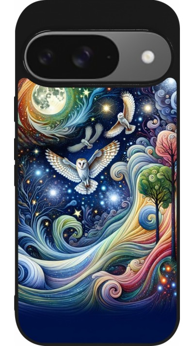 Coque Google Pixel 9 / Pixel 9 Pro - Silicone rigide noir hibou volant floral