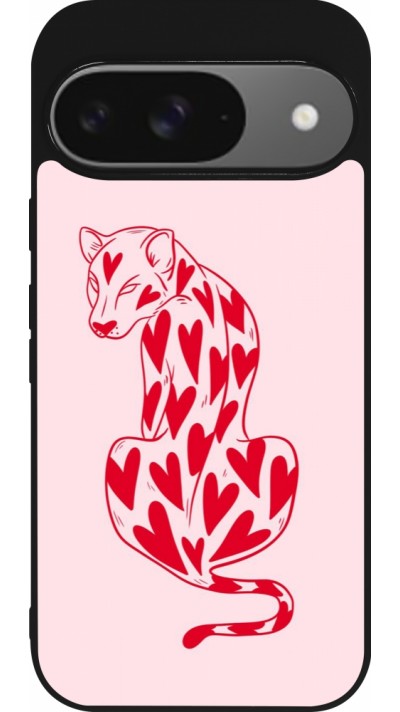 Coque Google Pixel 9 / Pixel 9 Pro - Silicone rigide noir Leopard with hearts 2026
