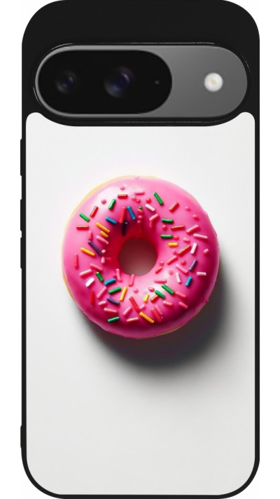 Google Pixel 9 / Pixel 9 Pro Case Hülle - Silikon schwarz Weisser Hintergrund, pinker Donut