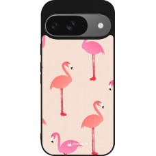Google Pixel 9 / Pixel 9 Pro Case Hülle - Silikon schwarz Pink Flamingos Pattern