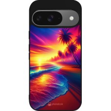 Coque Google Pixel 9 / Pixel 9 Pro - Silicone rigide noir Plage coucher soleil flashy