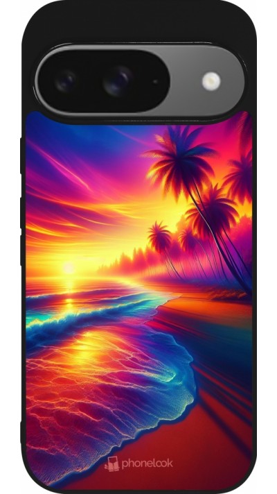 Coque Google Pixel 9 / Pixel 9 Pro - Silicone rigide noir Plage coucher soleil flashy