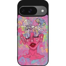 Google Pixel 9 / Pixel 9 Pro Case Hülle - Silikon schwarz Psychedelic pink mushroom