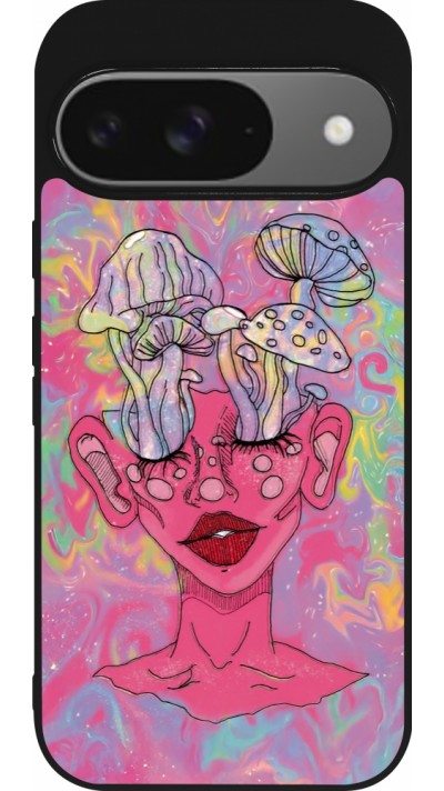 Google Pixel 9 / Pixel 9 Pro Case Hülle - Silikon schwarz Psychedelic pink mushroom