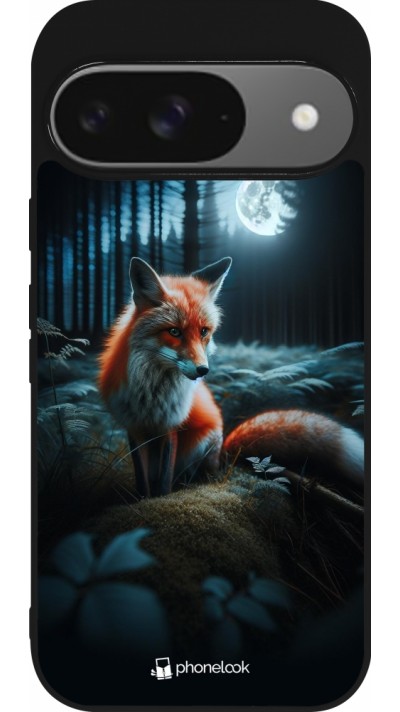 Coque Google Pixel 9 / Pixel 9 Pro - Silicone rigide noir Renard lune forêt Coque Google Pixel 9 / Pixel 9 Pro - Silicone rigide noir Renard lune forêt