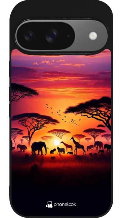Coque Google Pixel 9 / Pixel 9 Pro - Silicone rigide noir Safari sunset wildlife Coque Google Pixel 9 / Pixel 9 Pro - Silicone rigide noir Safari sunset wildlife