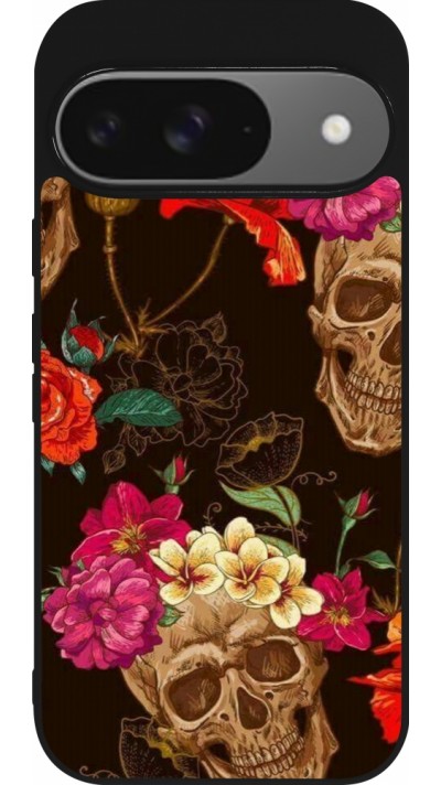 Coque Google Pixel 9 / Pixel 9 Pro - Silicone rigide noir Skulls and flowers Coque Google Pixel 9 / Pixel 9 Pro - Silicone rigide noir Skulls and flowers