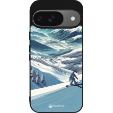 Coque Google Pixel 9 / Pixel 9 Pro - Silicone rigide noir Snowboarder Montagne