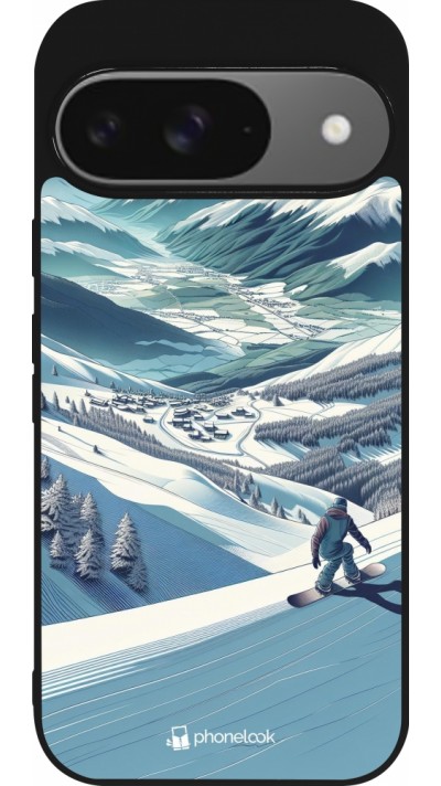 Coque Google Pixel 9 / Pixel 9 Pro - Silicone rigide noir Snowboarder Montagne Coque Google Pixel 9 / Pixel 9 Pro - Silicone rigide noir Snowboarder Montagne