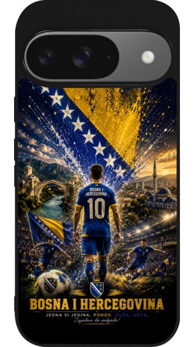 Coque Google Pixel 9 / Pixel 9 Pro - Silicone rigide noir Football Bosnie-Herzégovine splash 2026