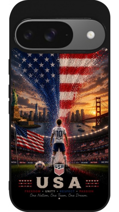 Coque Google Pixel 9 / Pixel 9 Pro - Silicone rigide noir Football États-Unis splash 2026