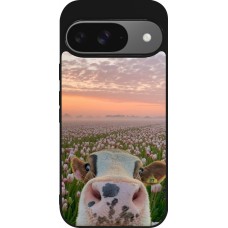 Coque Google Pixel 9 / Pixel 9 Pro - Silicone rigide noir Cow with tulips 2026