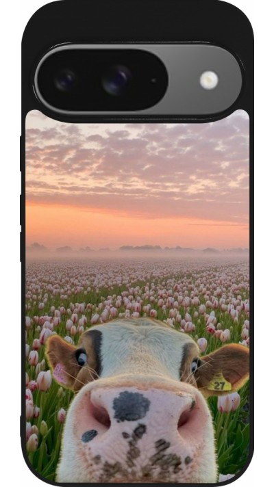 Coque Google Pixel 9 / Pixel 9 Pro - Silicone rigide noir Cow with tulips 2026