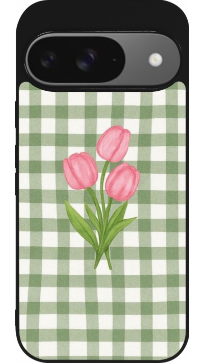 Coque Google Pixel 9 / Pixel 9 Pro - Silicone rigide noir Green vichy tulips 2026