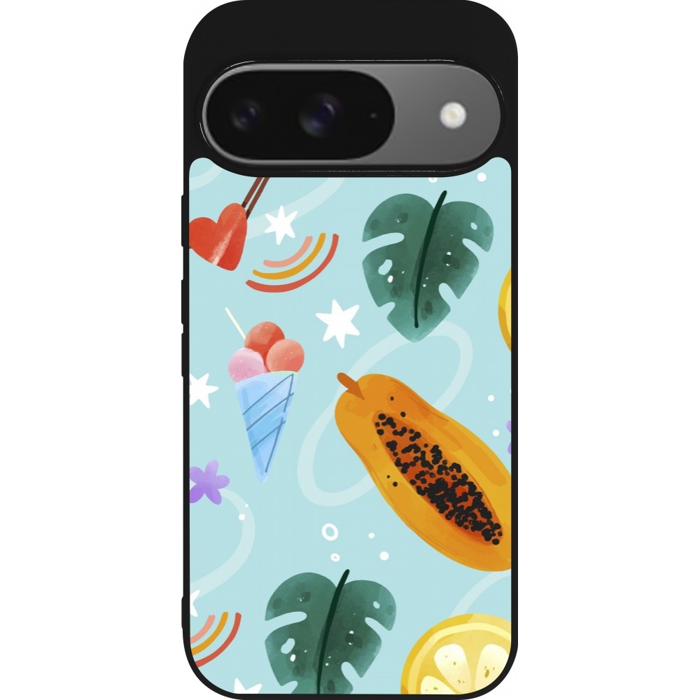 Coque Google Pixel 9 / Pixel 9 Pro - Silicone rigide noir Summer 2025 Pattern papaya