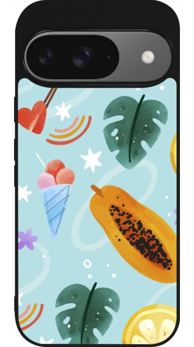 Coque Google Pixel 9 / Pixel 9 Pro - Silicone rigide noir Summer 2025 Pattern papaya