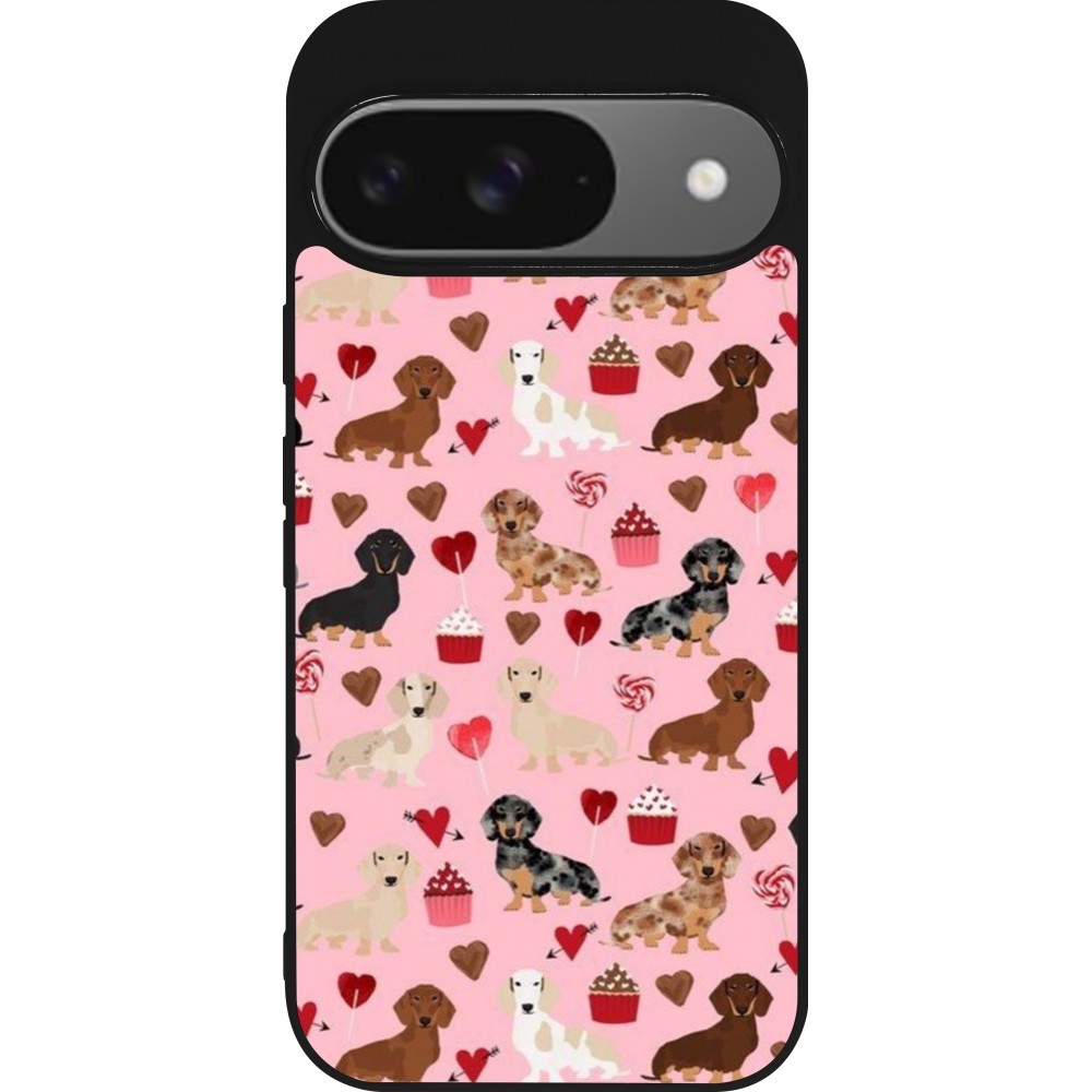 Coque Google Pixel 9 / Pixel 9 Pro - Silicone rigide noir Valentine 2024 puppy love