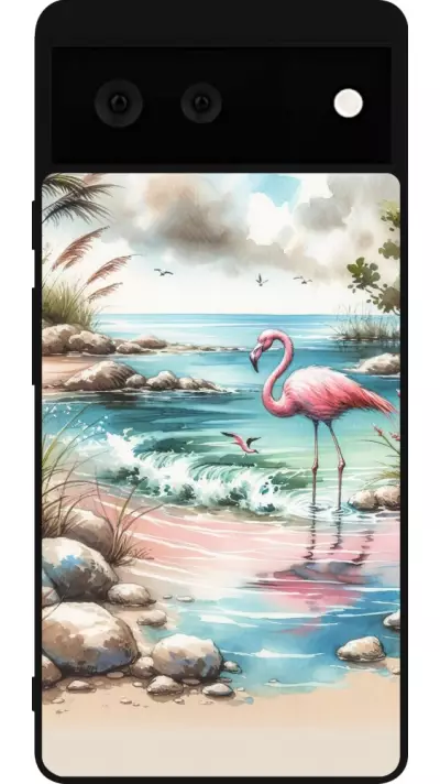 Coque Google Pixel 6 - Silicone rigide noir Flamant rose aquarelle